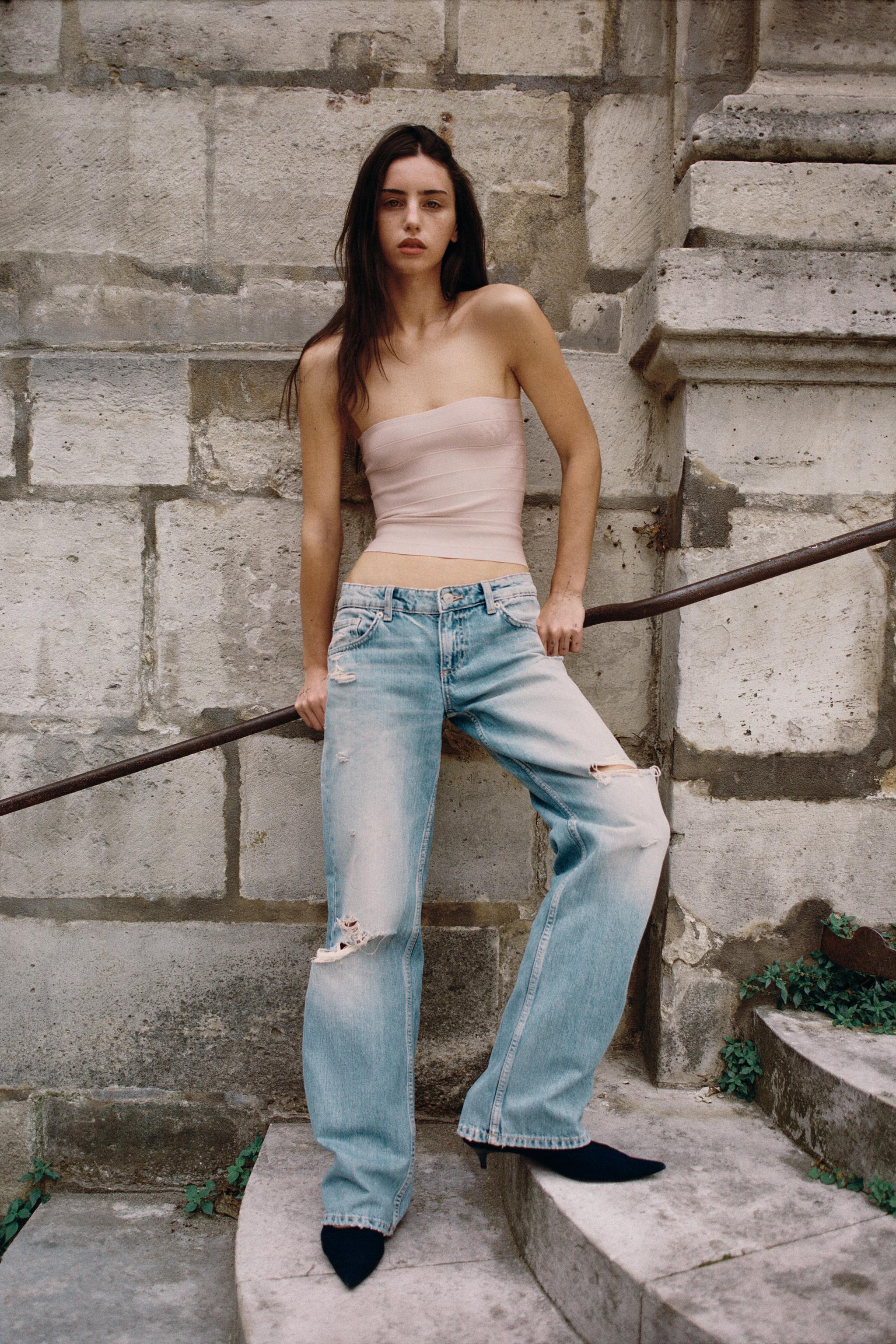 TRF LOW RISE RIPPED WIDE LEG JEANS